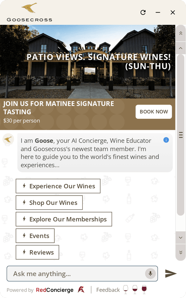 RedConcierge running as the Goose AI concierge on the Goosecross winery website